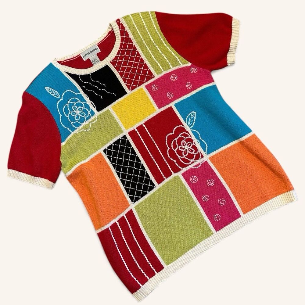 Vintage Alfred Dunner Patchwork Knit Top S Ramie Cotton Beaded Floral Blocks